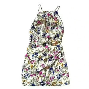 NWT EN SAISON Valeria Halter Strappy Ruched Floral Cotton Mini Dress Women Small